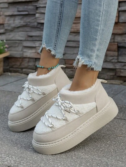 2025Women's Beige New Fashion Comfortable Casual Versatile Preppy College Sports Style Round Toe Fluffy Thick Lining Warm Non-Slip Thick Soled Pull-On Lace-Up Outdoor Snow Boots For Autumn/Winter,Fur Boots