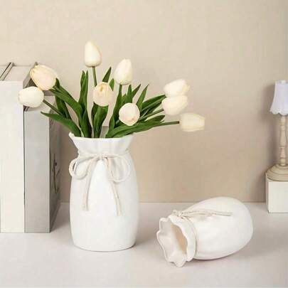 1pc Bohemian Style Decorative Vase, Cylindrical Plastic Vase With Burlap Bow, Modern Aesthetic Room Decor, Suitable For St. Patrick's Day And Easter, Spring Home Decor, Centerpiece, Wedding Party Decoration (Plastic Material, Exterior Can Be Cleaned) Flower Vase Glass Vase