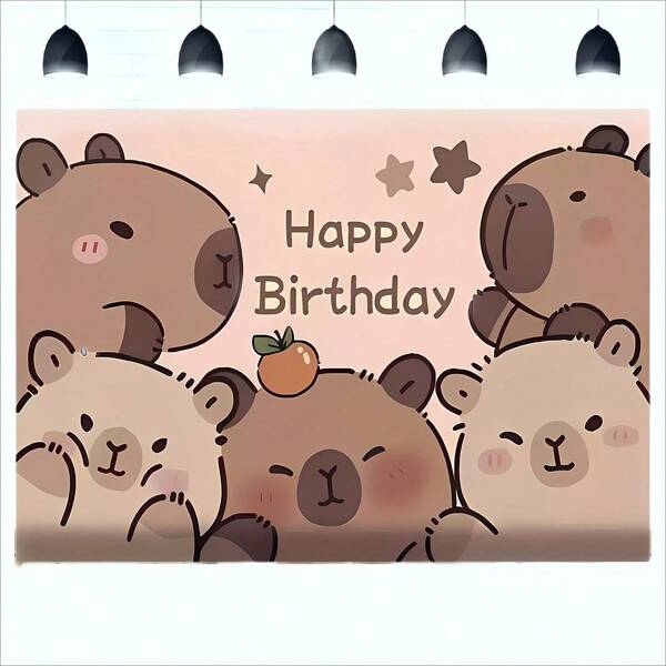 Décor de fond d'anniversaire mignon avec un capybara - Capybara de dessin animé adorable avec un design d'étoiles et de fruits, vinyle polyester durable pour la décoration de fête d'anniversaire, Noël, Pâques, Thanksgiving, Nouvel An - Pas besoin d'électricité, accroché facilement, décoration d'événement Thème animé Toile de fond en polyester, décoration de fête d'anniversaire