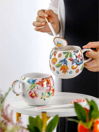 1pc Asymmetrical Shaped, Floral Patterned Glazed Ceramic Coffee Mug, Large Capacity Countryside Style Round Cup, Suitable For Desserts, Couples, Holiday Gifts, Home Kitchen, Office Use, Easy Cleaning, Heat Resistant