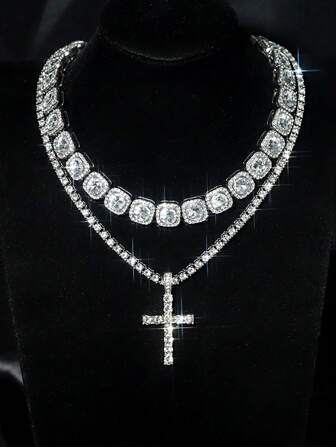 十字架镶嵌项链，百搭街头风闪亮项链，适合日常佩戴、派对和送礼。