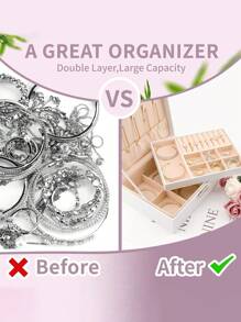 1个双层大容量首饰盒，PU皮革首饰展示盒，豪华可锁首饰收纳盒，家用首饰整理配件，可收纳项链、耳环、戒指、手镯，节日礼物，返校礼物。旅行必备配件，旅行包，度假，学习用品首饰盒首饰收纳盒 - 彩色 - 查看 6