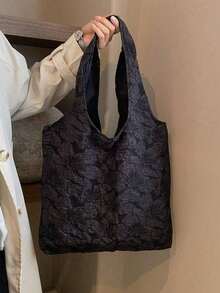 Stylish Floral Textured Tote Bag – Floral Tote Bag, Black Shoulder Bag, Large Capacity Bag, Women's Work Bag, Commuter Bag, Fabric Tote, Textured Handbag, Reusable Shopping Bag, Elegant Daily Bag, Minimalist Tote, Chic Canvas Bag, Teacher Gift Bag, Teen Girl Bag, Stylish Carryall, Office Bag Large Capacity Shoulder Bag For Work, School, Or Daily Use - Black - View 2