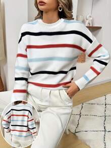 Farbblockstreifen Rundhals Langarm Pullover in Große Größen, Herbst/Winter