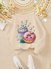 Tween Girl Casual Cartoon Donut Cute Face Girly Style Smile Pattern Round Neck Long Sleeve Black Sweater Pullover Autumn And Winter Style For Girls