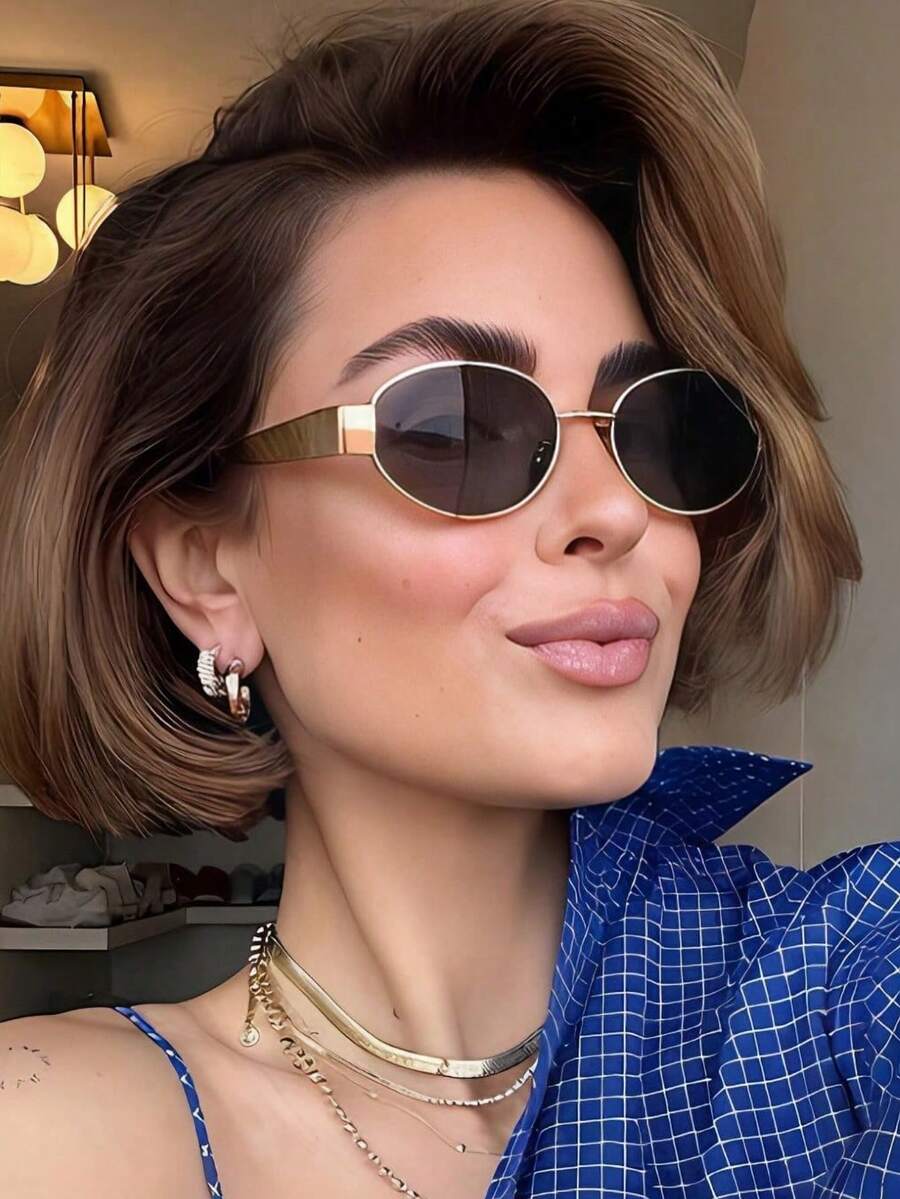 1 Pair Women's Oval Metal Stylish Fashion Glasses, New Fashion Model For International Fashion Week, Suitable For Daily Life, Outdoor Travel And Summer Beach Accessories Preppy Style For Back To School Wrap Shape - Multicolor - View 1