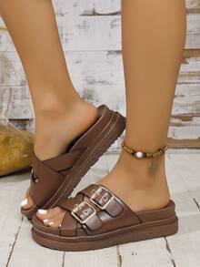 1 Pair Punk Style Rivet Embellished Platform Sandals, High-End Stylish Summer Footwear - Coffee Brown - View 3