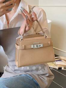 low tea 新款夏季荔枝纹女士手提包，时尚可调节肩带斜挎包，简约纯色高端金属装饰单肩通勤包 - 卡其色 - 查看 6
