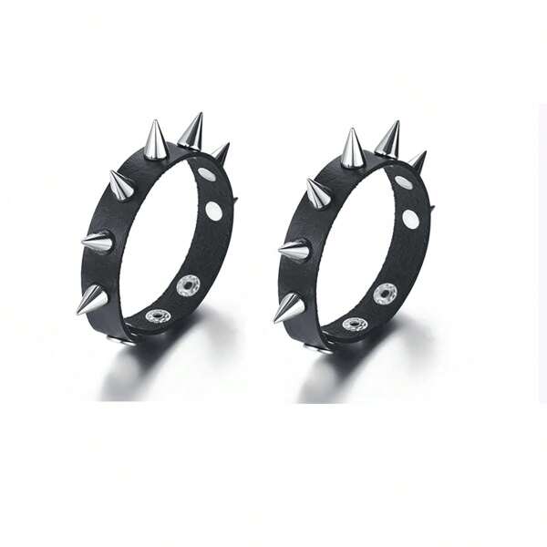 2pcs/Set Spike Bracelets Black PU Leather Punk Rock Wristbands Metal Bands Men Gothic Accessories