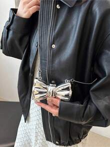 Acrylic Electroplated Metallic Silver Shiny Bow Decor Clutch Bag, Versatile Women's Personalized Fashion Chain Lipstick Pouch, Jewelry/Earphone/Cosmetic Storage Box, Ladies, Suitable Valentine's Day, Party, Wedding Dress Decoration, Date Use Shoulder/Crossbody Bag, Elegant Ladies Coin Purse - Bạc - Xem 9