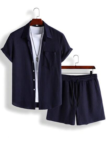 Set de 2 piezas para hombre - Pantalones cortos con cordón y camisa abotonada, camisa y pantalones cortos casuales de unicolor simple con textura de gofre para vacaciones