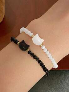 2 件可调节串珠手链，配有可爱的黑白猫吊坠，情侣/好友礼物 - 黑與白 - 查看 2