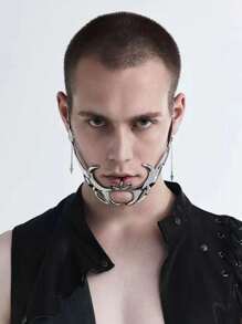 1 Set European & American Fashionable Cyberpunk Metal Face Mask, Unique Design Asymmetric Fluid Mechanical Earrings & Adjustable Lip Ring