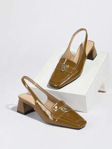 French Style Closed Toe New Elegant Solid Color Low Vamp Women's Chunky Heel Sandals - Khaki - View 8