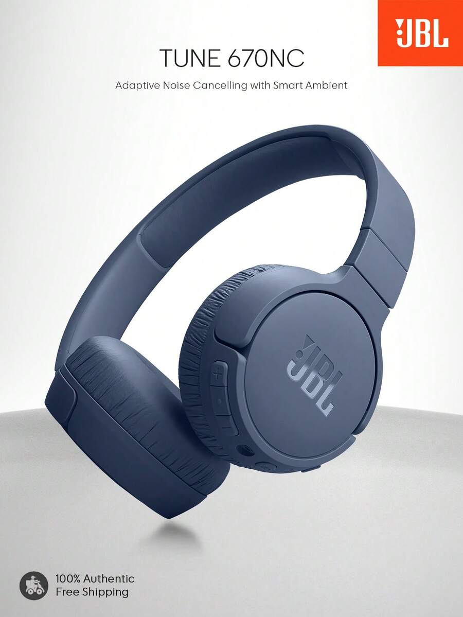 JBL Tune 670NC 自适应降噪头戴式蓝牙耳机，支持无线和有线模式，70 小时电池续航，可折叠轻巧设计，非常适合 PC/笔记本电脑、游戏、在线课程、音乐和旅行 - 藍色 - 查看 1
