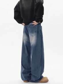 1 chiếc quần jeans nam dáng rộng, thời trang, kiểu vintage, ống rộng (không kèm thắt lưng hoặc phụ kiện) - Màu xanh hải quân - Xem 5