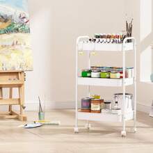 3-Tier Metal Rolling Storage Cart With Lockable Wheels - Multi-Functional Mobile Storage Organizer For Kitchen, Bathroom, Office, Workshop - White, Durable Structure, Easy To Assemble, Narrow Storage Cart - trắng - Xem 2