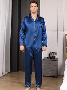 Men's Sleepwear Set, Long Sleeve Shirt And Long Pants, Minimalist Casual Solid Color Button-Up Pajamas, 2-Piece, Suitable For All Seasons, Fall Winter Clothes - Blue - View 2