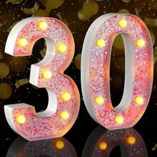 1 件 LED 发光数字装饰、多功能派对背景标牌、生日、周年纪念、婚礼、酒吧墙壁装饰 - 耐用塑料派对装饰、节日设计、易于安装、家居装饰、现代照明、装饰照明、数字灯标志、派对装饰标志、白色/粉色亮片、电池供电（不含电池） - 暖白光 - 查看 4