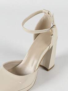 秋冬女士杏色方头玛丽珍鞋，防水厚底，粗跟，水钻搭扣，镂空设计，时尚性感礼服鞋，优雅派对鞋 - 奶油色 - 查看 9