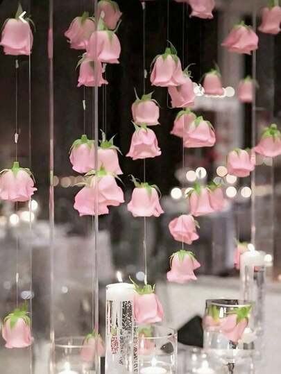 20pcs Pink Roses + 500cm Clear Rope, Hanging Red Rose Artificial Silk Flowers - Suitable For Wedding Arch, Baby Shower, Bridal Shower, Bouquets, Party Centerpieces And Ceiling Decor - Perfect Gift For Wedding Planner And DIY Enthusiasts, Birthday, Graduation, Ideal For DIY Wedding Decor, Bridal Shower, Wedding Bouquets, Party Centerpieces, Ceiling Decor And Valentine's Day