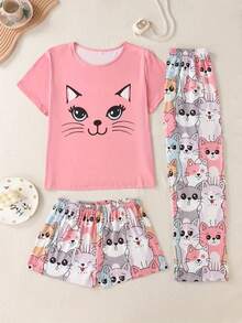 3-Piece Plus Size Cartoon Cat Round Neck Short Sleeve Pajama Set - Nhiều màu - Xem 2