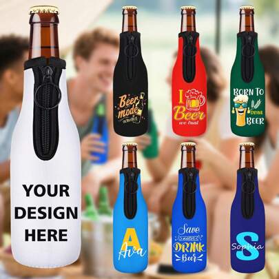 Custom Zipper Bottle Sleeve, Beer Bottle Insulator Sleeve, Non-Slip Thick Neoprene Drink Cooler With Personalized Logo And Text Photo, Suitable For Summer Pool Beach Party Favors, Birthday Parties, Holiday Parties, Wedding Dress-Ups