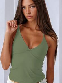 女士橄榄绿硅胶V领性感修身街头风度假派对夜店露脐上衣 - 軍綠色 - 查看 3