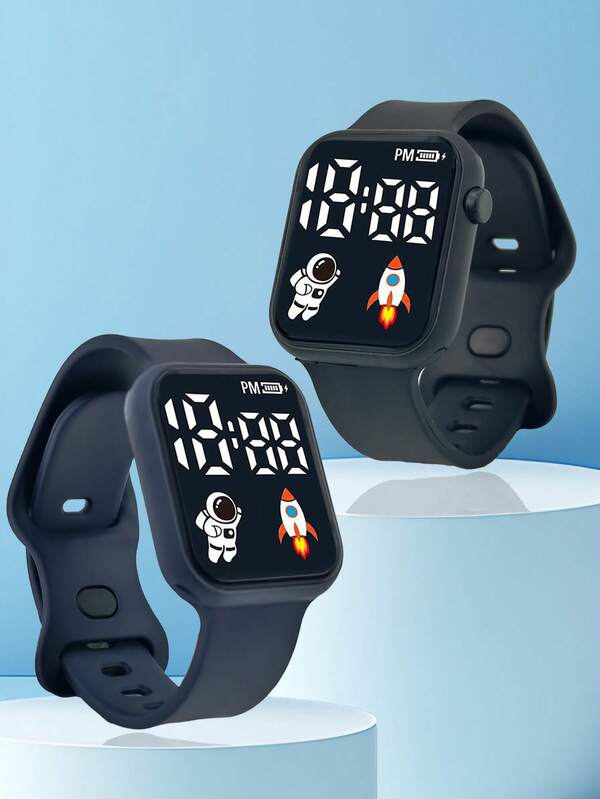 2 件/套儿童方形电子手表（带电池），火箭和宇航员图案，LED 屏幕，TPU 材质，休闲运动方形手表，适合日常生活，返校礼物
