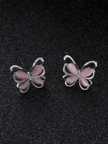 1pair Fashionable Zinc Alloy Butterfly Design Stud Earrings For Women For Daily Decoration - Silver - View 4