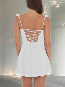 Women Y2K Mesh Cami Mini Dress Solid Color Ruffles Straps Open Back Ruched Front Smocked Waist Bodycon Flowy A-Line Short Dress Summer Back Tie-Up Backless Sleeveless Going Out Dresses Prom Party Club Cute Dress - 白色 - 查看 2