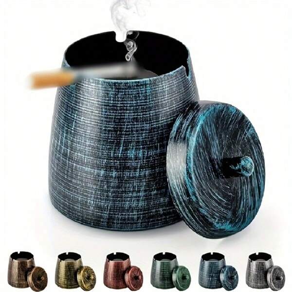 1pc Metal Round Ashtray With Lid, Smokeless, Windproof, Ash-Proof Ashtray. Outdoor & Indoor Ashtray, Suitable For Home, Office Desk, Patio, Balcony. Best Gift For Smokers