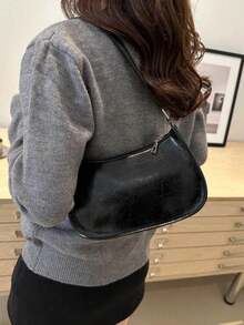 纯色极简拉链单肩包，时尚新月形包，拉链单肩包，仿皮纯色钱包，酒红色内衣收纳袋，理想的新年礼物，时尚酒红色内衣收纳袋 - 黑色 - 查看 5