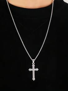 1 件简约水钻镶嵌十字架不锈钢项链，长款多层项链，适合日常佩戴，男女通用
