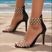 全新女式户外时尚透明 PVC 性感派对高跟凉鞋，黑色派对水钻高跟鞋 - 無色 - 查看 1
