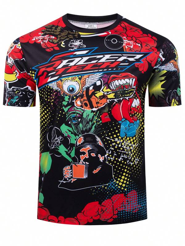 TELEYI Camiseta casual de verano para hombres con estampado vibrante de motocicleta, mangas cortas, cuello redondo - Poliéster, no transparente, tela de punto, ropa casual de verano | Camisa de diseño dinámico | Camiseta de textura suave