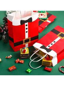 6/10 Pieces Christmas Gift Bags Large Santa Clause Suit Print Bag With Handle, Durable Kraft Paper Christmas Bags Present Wrapping Bags Candy Goodie Bags For Xmas Party Supplies