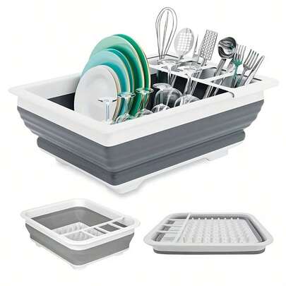 1pc Foldable Bowl & Dish Drying Rack With Utensil Storage, Space-Saving For Home, RV, Camping