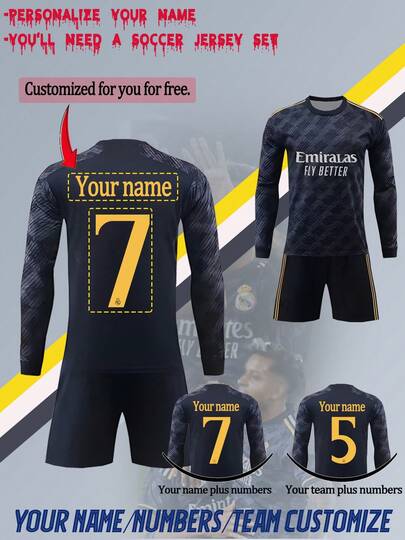 [Customized] Personalized Name/Number Customization 2-Piece Set For Boys, Teenagers, And Children. Casual. 2025 Style White Long-Sleeve Soccer Jersey #7. Printed - Crew Neck - Long Sleeve And Shorts Set - Polyester, Suitable For - Sports - Training And Casual Wear, Perfect For Outdoor Activities