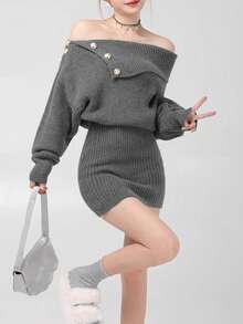 韩式极简露肩修身针织毛衣连衣裙 - 灰色 - 查看 2