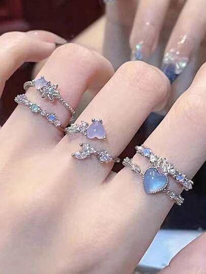 3 件时尚珠宝华丽轻盈 - 奢华百搭多层钻石镶嵌心形和花朵开口戒指，非常适合女性日常佩戴