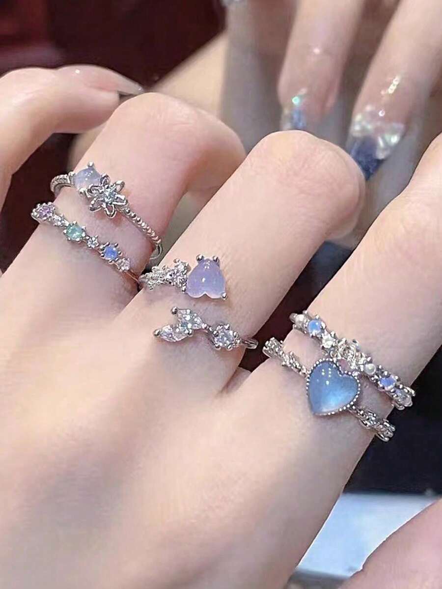 3 件时尚珠宝华丽轻盈 - 奢华百搭多层钻石镶嵌心形和花朵开口戒指，非常适合女性日常佩戴 - 彩色 - 查看 1