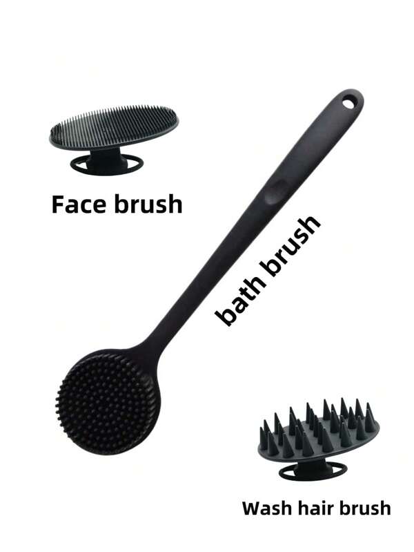 3 Peças Conjunto de Escovas de Silicone para o Corpo - 1 Peça Escova de Costas de Cabo Longo, 1 Peça Escova de Banho Curta, 1 Peça Escova de Lavar Cabelo e 1 Peça Escova Facial, Escova de Limpeza Corporal Manual Sem Eletricidade, com Pegada Antiderrapante, Limpeza Eficaz, Cerdas Macias, Limpeza e Massagem de Todas as Partes do Corpo, Ferramentas de Limpeza e Massagem