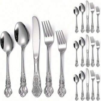 Service de couverts rétro royal argenté, 20 pièces de fourchettes, cuillères et couteaux en acier inoxydable pour 4 personnes. Ustensiles de cuisine rétro durables, parfaits pour les restaurants, la maison et les fêtes
