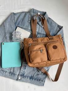 Nuevo bolso de mujer tipo tote de gran capacidad, estilo retro, de unicolor, versátil y elegante, bolso de hombro casual y simple, con correa de hombro ajustable, adecuado para salir, citas, compras y uso diario. - Marrón - Ver 11