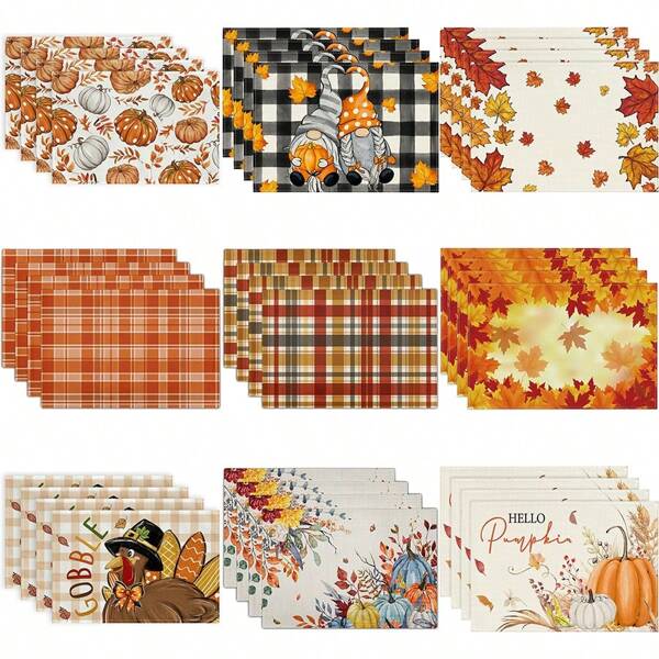 4pcs Autumn Placemats Set With Maple Leaf & Pumpkin Design, Washable, Seasonal Fall Home Party Table Decor, 12" X 18"