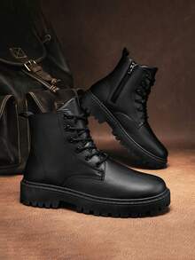 2025 新款奢华男士秋冬复古高帮休闲靴，时尚百搭的 2000 年代风格街头服饰 - 黑色 - 查看 2