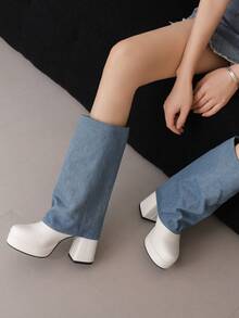 Sexy Plateau Dicksohlen Stiefel für kleine Frauen, wasserdichte Klotz Absatz Stiefel bis zur Wade, Patchwork High Heel Skinny Jeans Stiefel - Blau - Übersicht 2