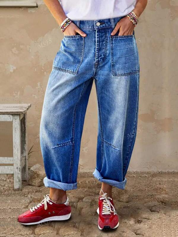 Jeans de mujer con pierna de banana, estilo patchwork de múltiples paneles delanteros y traseros, y efecto desgastado