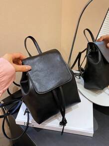 South Korea Large Capacity Pu Backpack Niche Simple Literary Style Bunches Drawstring Backpack Classic Holiday Travel Office Workers Suitable For Bags - Black - View 3